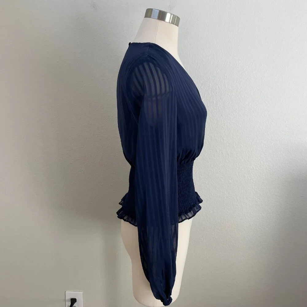 Bardot Womens 6 Navy Blouse Smocked Waist Long Sleeve Shirt Top - Picture 5 of 11